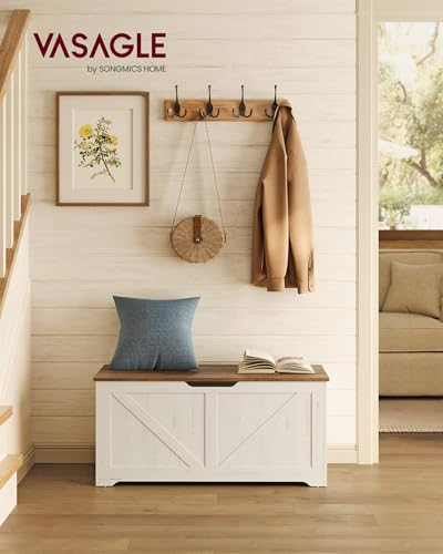 VASAGLE Farmhouse Storage Chest with Safety Hinges - Honey Brown + Rustic White, 39.4"W x 18.1"H