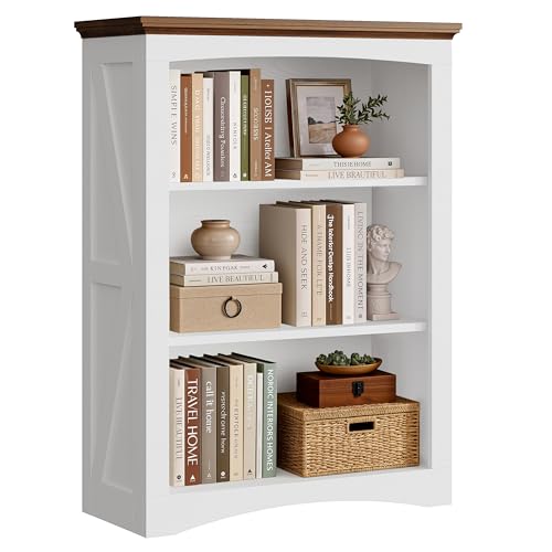 43-Inch Farmhouse Wooden Bookshelf - 3-Tier White Bookcase for Living Room & Office