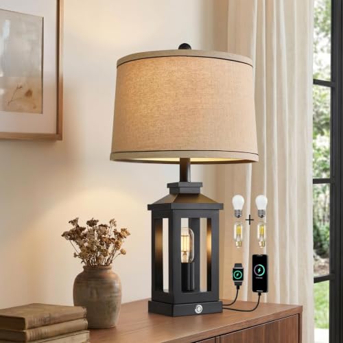 G-SAFAVA 23.75-Inch Black Retro Farmhouse Table Lamp for Living Room & Bedroom