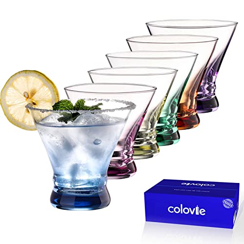 Colored Stemless Martini Glasses Set of 6 - Home Bar Cocktail Cups - Variation of Martini Glass