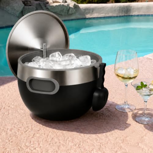 Large Insulated Ice Bucket with Lid & Scoop - 7.4 Quart, Black, Double Wall