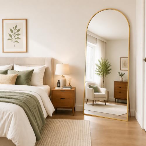 Arched Full Body Gold Mirror with Stand, 65"x24", Floor, Wall or
