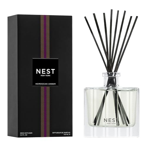 Reed Diffuser with Moroccan Amber Fragrance - Refillable Glass Vase, 90 Days