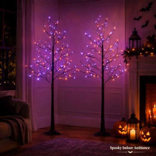 HOLIMAX 6FT LED Lighted Halloween Tree 2-Pack Orange & Purple Indoor Outdoor Decor