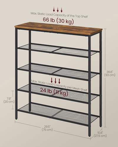 VASAGLE 5-Tier Shoe Rack - Rustic Brown Metal Mesh Organizer for 18-24 Pairs, Adjustable Shelves