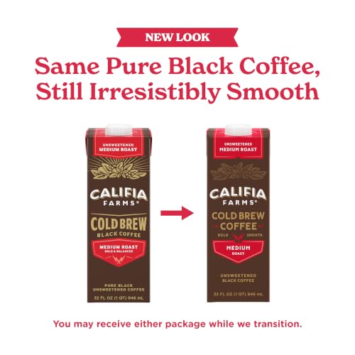 Califia Farms Medium Roast Cold Brew Coffee 32oz Pack of 6 - 100% Arabica, Unsweetened, Vegan & Shelf Stable