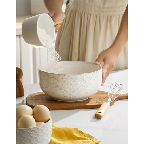 Mikiegy Ceramic Mixing Bowls Set of 4, Nesting Embossment Stoneware
