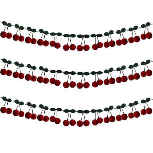 3 Pack Cherry Garland Decoration Felt Cherries Birthday Garlands Banner DIY Fruit Hanging Decorations Home Decor Garland Decorations for Christmas Birthday Wedding Fireplace Decor