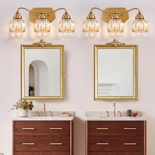 Brushed Gold 3-Light Vintage Vanity Light with Amber Glass Shades - Tulip Amber Variation