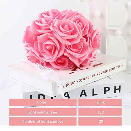 VIPMOON Rose Flower String Lights,2M 20LED Battery Operated Romantic String Lights Bright Warm Flower Rose Lamp Fairy Light for Valentine's Day Wedding Gardens Party Christmas Decoration (Pink)