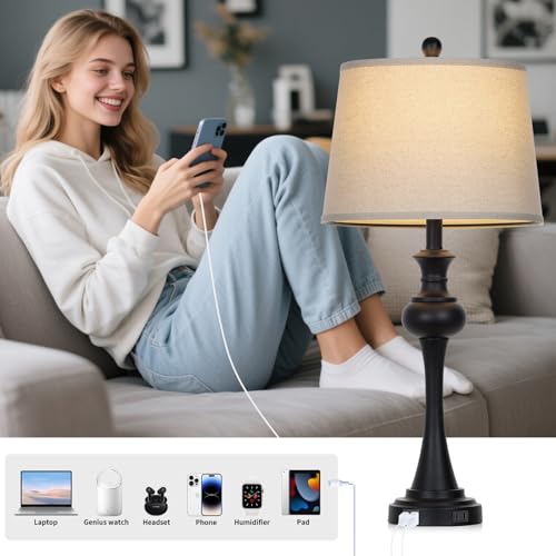 Black Set of 2 Bedside Table Lamps with USB Ports, 29 Inch Modern Reading Lamps