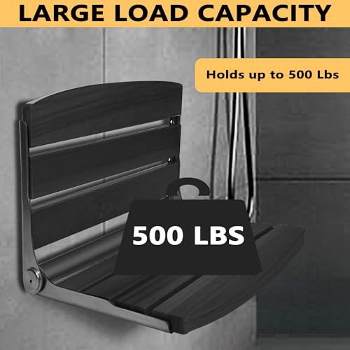 Black Folding Wall-Mounted Shower Seat with Teak Wood, 17.5x13 Inches