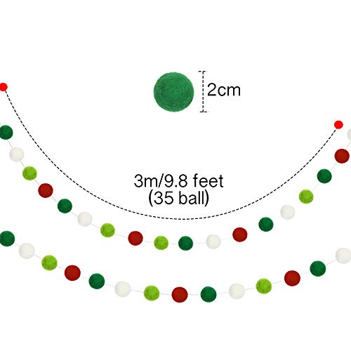 Boao 2 Pack Christmas Felt Ball Garland 19.6ft - Red, Green & White