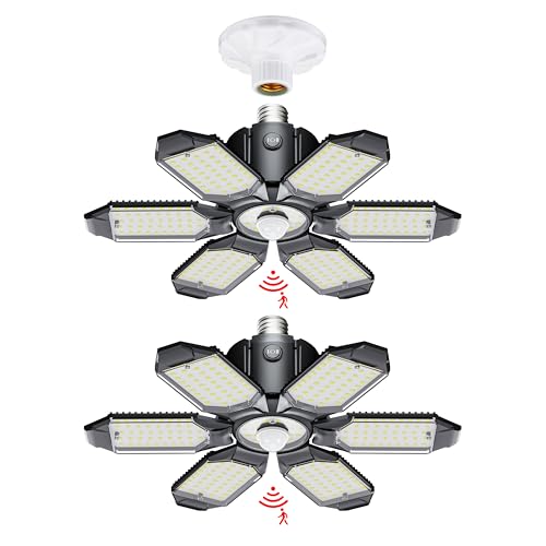 Screw-in LED Garage Light with Motion Sensor - 200W Deformable Ceiling Shop Lights, 20000LM, 2 Pack