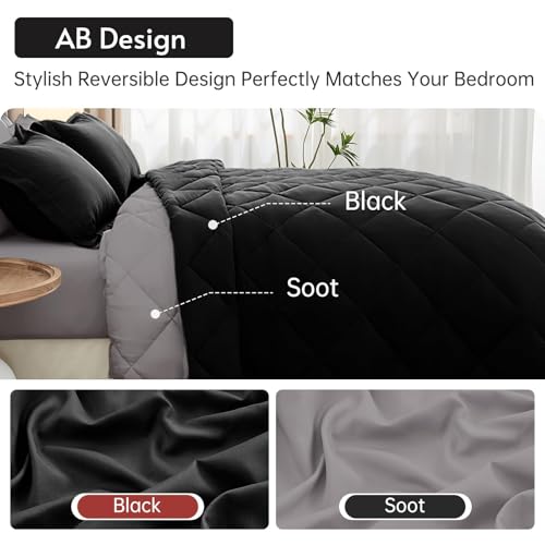 King Reversible Comforter Set 7 Pieces - Black and Soot Bed in a Bag, 104x90
