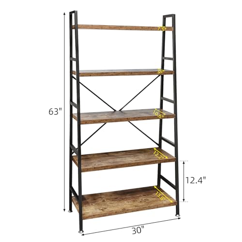 5 Tier Ladder Bookshelf - Rustic Brown Wood & Metal Industrial Storage