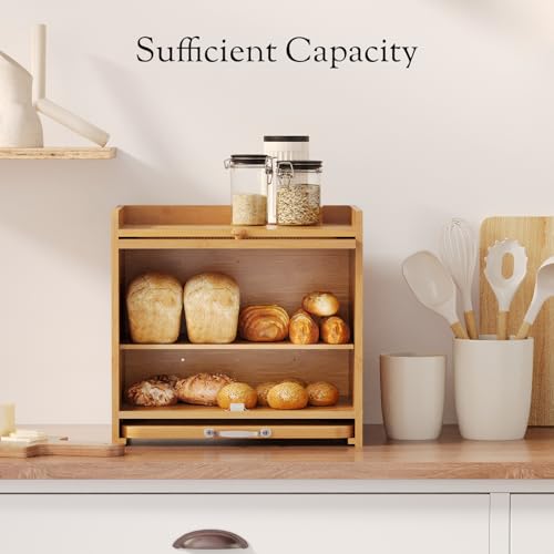 Natural Bamboo Bread Box with Double Layer & Cutting Board - Kitchen Storage