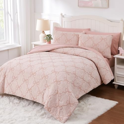 Pink Bow Twin Comforter Set with Sheets - Girl Bedroom Bedding 5 Pieces