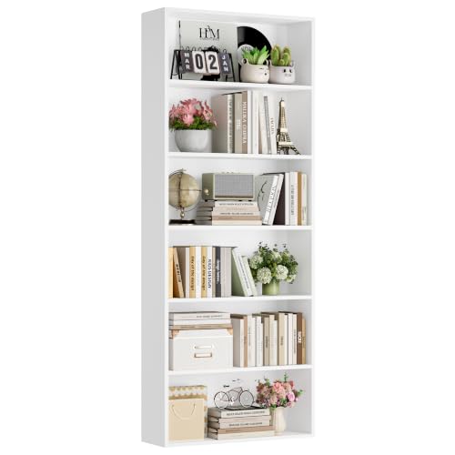 FOTOSOK 6-Tier Tall White Bookshelf with Open Display Shelves - Stable, Stylish Storage