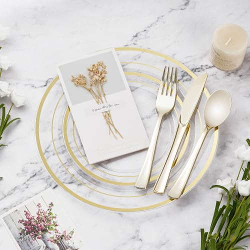 Clear Gold Plastic Dinnerware Set for 100 Guests - Disposable Plates, Cutlery & Spoons