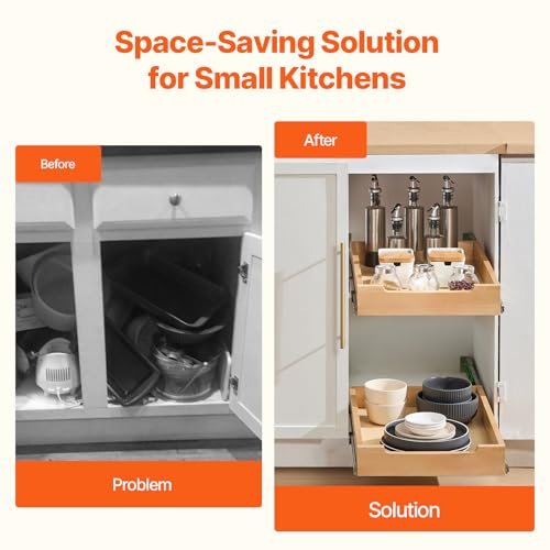 1 Tier Pull Out Cabinet Organizer - 14 x 21 Inches Wooden Shelf with Soft Close Slides