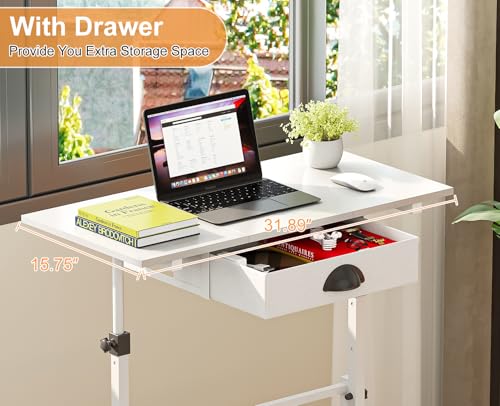 White Adjustable Standing Desk for Walking Pad Treadmill - Portable Mobile Laptop Workstation with Drawer, 31.89 x 15.75 Inches