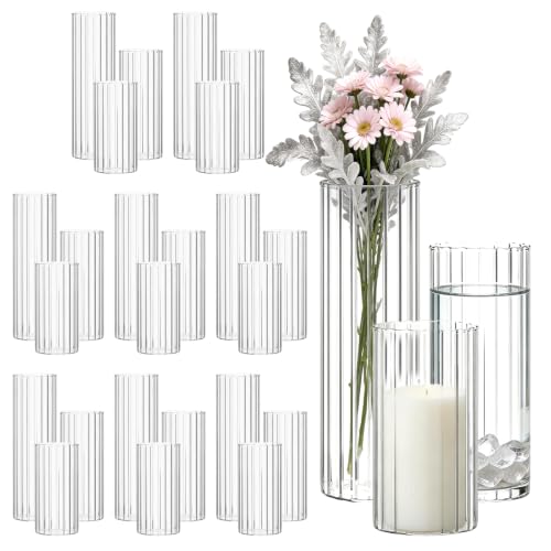 Ribbed Glass Vases & Hurricane Candle Holders Set - 24 Pcs with Assorted Heights, Thickened Clear Glass - Ribbed / 24