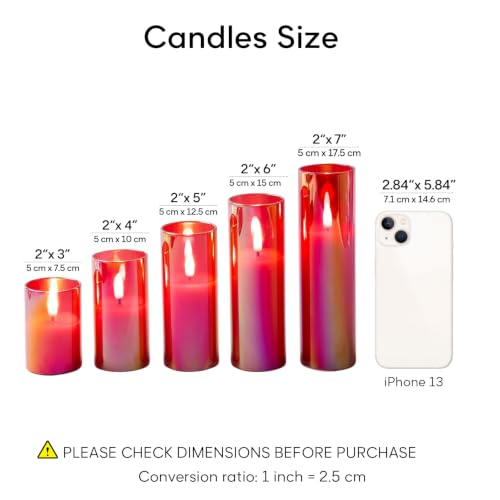 Red Glass Flameless Pillar Candles with Remote (Set of 5) Eywamage