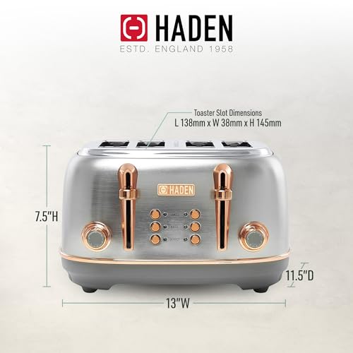 Haden Heritage 4-Slice Wide Slot Stainless Steel Toaster with Copper Finish - Modern Kitchen Appliance