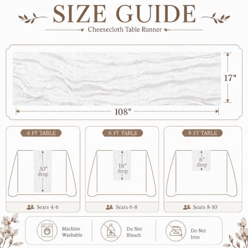 Miraluna 12-Pack White Cheesecloth Table Runners 17x108in – Semi-Sheer, No-Cut Banquet Linen (White, 12pcs)