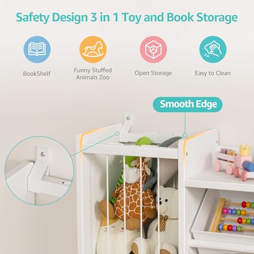 Kids Toy Storage Organizer with Bookshelf and Plush Animal Bin - 3-in-1 Playroom Storage