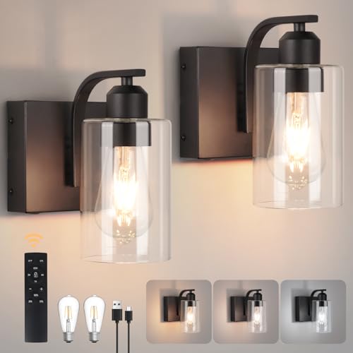Black Battery Operated Wall Sconce Set of 2 with Clear Glass - Dimmable, Remote Control, 8 Inch