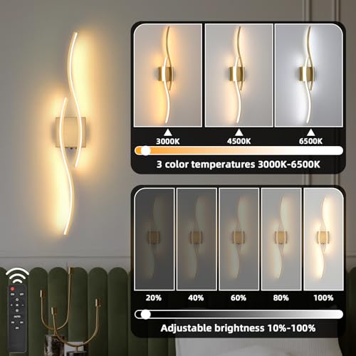 Battery Powered Wall Sconces Set of 2 - Gold 31.4 Inch LED Dimmable Wall Lamps with Remote & Timer