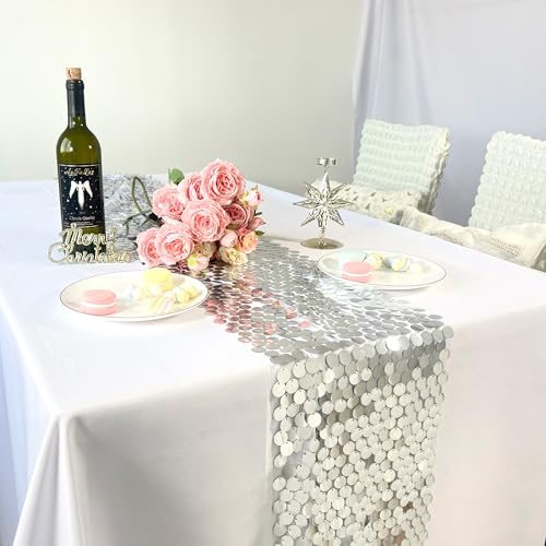 Silver Sequin Table Runner 12x108 Inch for Weddings & Events
