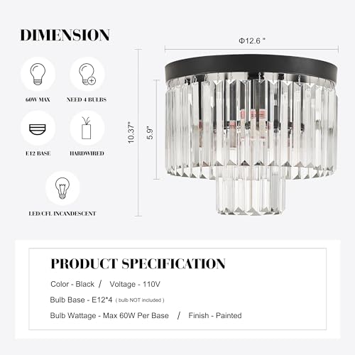 Black 12.6-Inch Crystal Ceiling Light Fixture - 4-Light Modern 2-Tier Chandelier