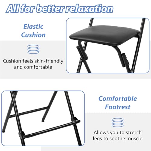Veni Home 2-Pack Folding Bar Stools with Backrest, 25 Inch Leather Padded Counter Height Chairs, Black