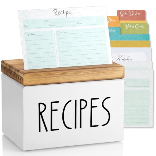 BWODYAY White Recipe Box with 100 Cards & 6 Dividers, 4x6 Organizer