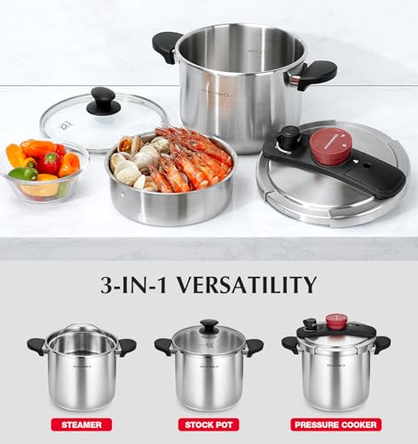 KOCH SYSTEME CS 6.3 Quart Stainless Steel Pressure Cooker - Silver, 3-in-1 with Glass Lid & Steamer