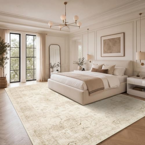 8x10 Beige Vintage Boho Area Rug - Washable Non-Slip Living Room Carpet
