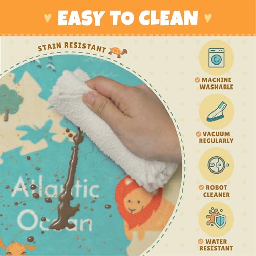 Kids Playroom Rug - Blue Planet Safari 5x8 Educational Animal World Map Non-Slip & Washable