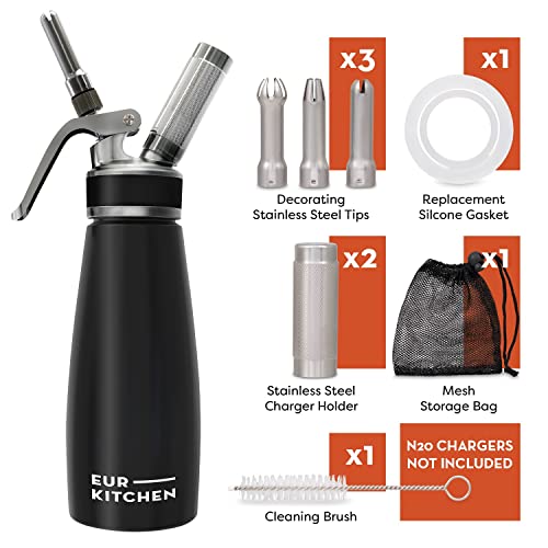 EurKitchen Stainless Steel Black Whipped Cream Dispenser for Culinary Use