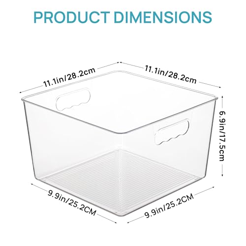 11x11 Inch Clear Plastic Storage Bins - 8 Pack Cube Organizer with Handles
