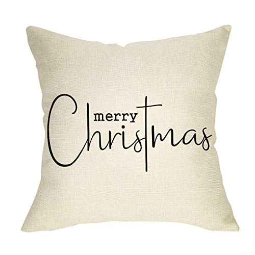 Merry Christmas Throw Pillow Cover, 18" x 18" Inch Decorative Xmas Sign Rustic Cushion Case, Farmhouse Home Winter Decoration Holiday Square Pillowcase Decor for Sofa Couch Cotton Linen