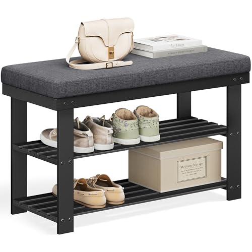 SONGMICS Bamboo Shoe Bench 3-Tier Shoe Rack with Padding - Ink Black + Slate Gray, 28.3W