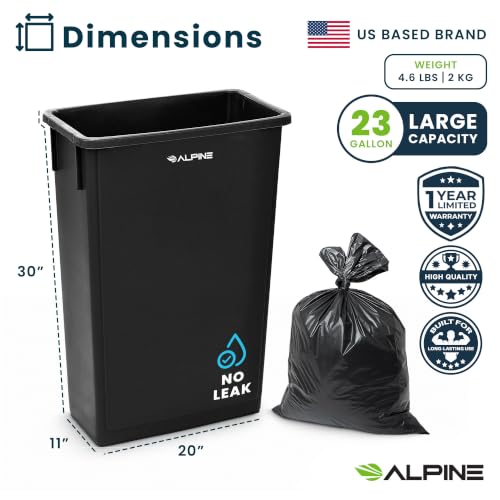 Alpine 23 Gallon Slim Trash Can - Black Open Top Commercial Garbage Bin - Heavy Duty Plastic 3 Pack