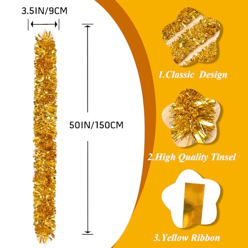 50Ft Gold Christmas Garland Decorations,Xams Tinsel Stems Non-Lit Soft Twist Garland Decor for Tree Stairs Railing Front Door Mantle Fireplace Indoor Outdoor Holiday Home