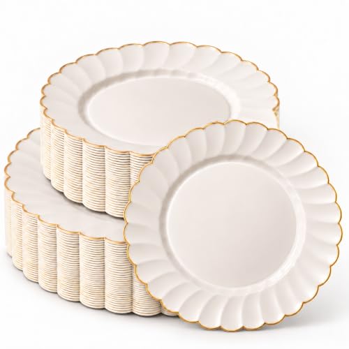 Madee Heavyweight Ivory Gold Scalloped Disposable Plates Set for Party 60 Pc - Variation of Ivory & Gold
