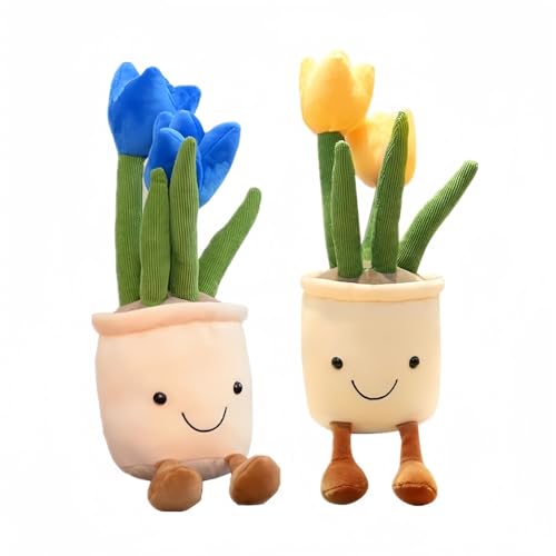 2Pack Tulip Plush Toy 13" Succulent Flower Pot Plush Pillow Toy Stuffed Throw Plushie Pillow Doll for Office and Kids Room Decorate,Blue+Yellow
