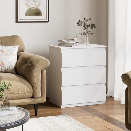 White Nightstand with 3 Drawers - Small Bedroom Side Table Storage