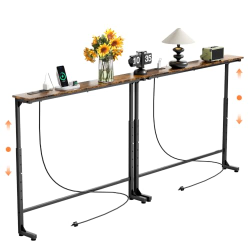 GRLEAF Rustic Brown 78-Inch Adjustable Console Table with Power Outlets – Narrow Sofa & Entryway Table